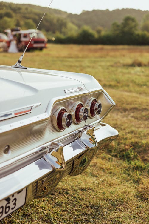 A classic car parked in a lush green field showcasing its vintage design against a serene natural backdrop, perfect for those looking to restore chrome bumper