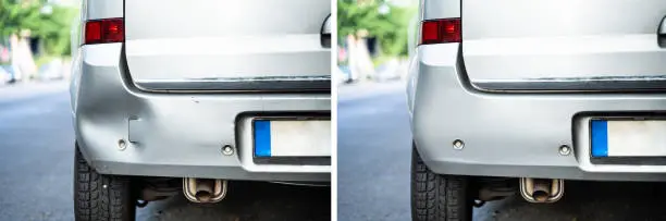 A car before and after damage repair, highlighting the transformation and restoration of its appearance with the reliable service of replace bumper near me