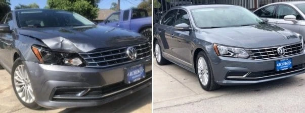 Westside Collision's VW front-end repair. Before and after photo of restored vehicle.